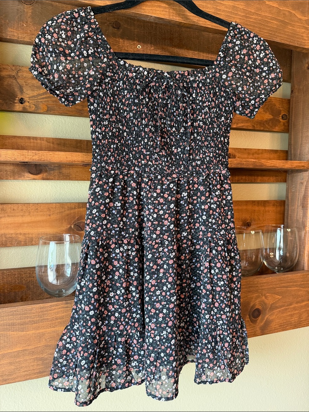 Sadie & Sage Black Floral Smocked Puff Sleeve Dress with Pink and White Flowers